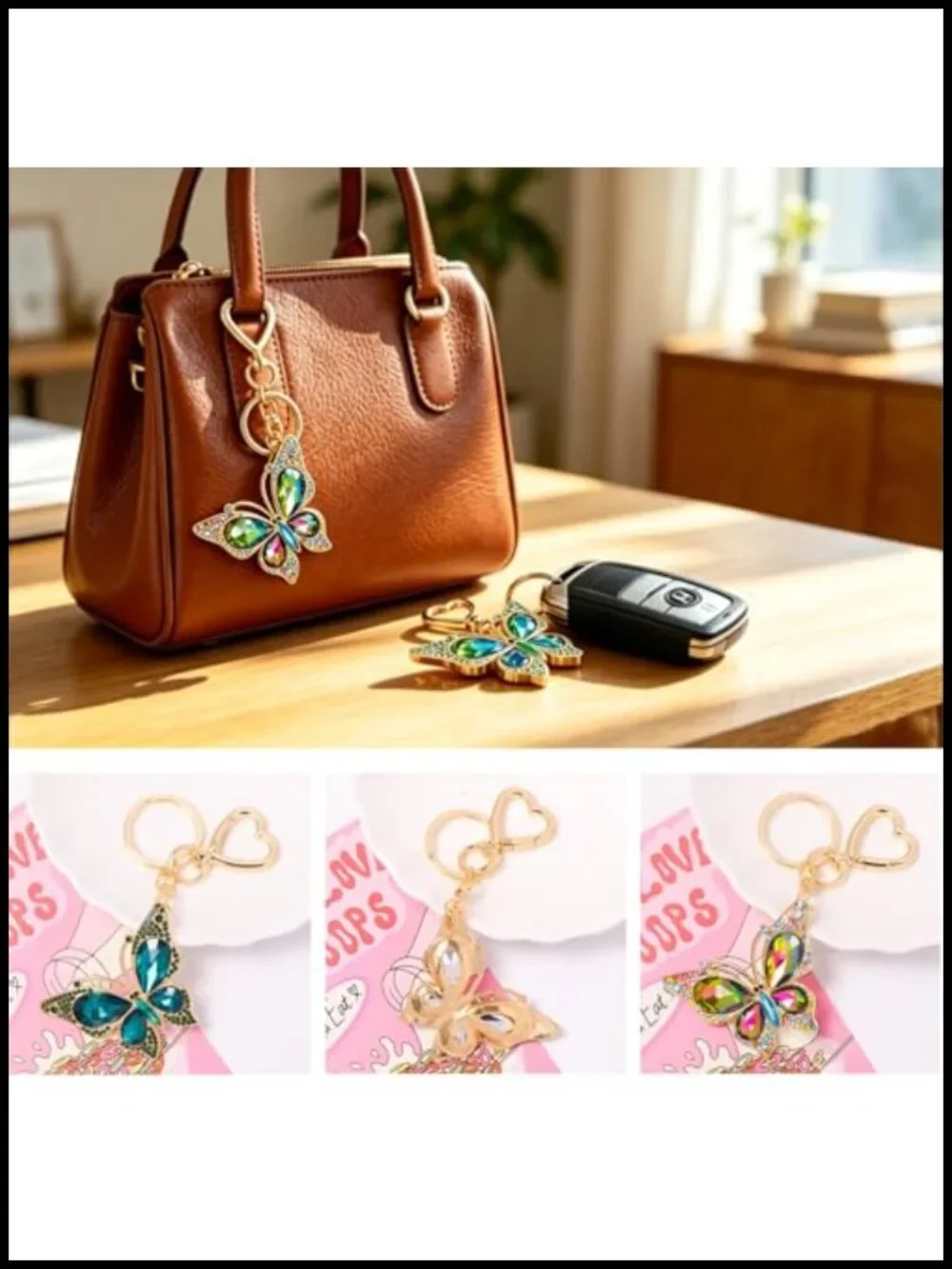 2-Piece Rhinestone Butterfly Keychain Set Zinc Alloy Bag Charm Car Pendant Gift